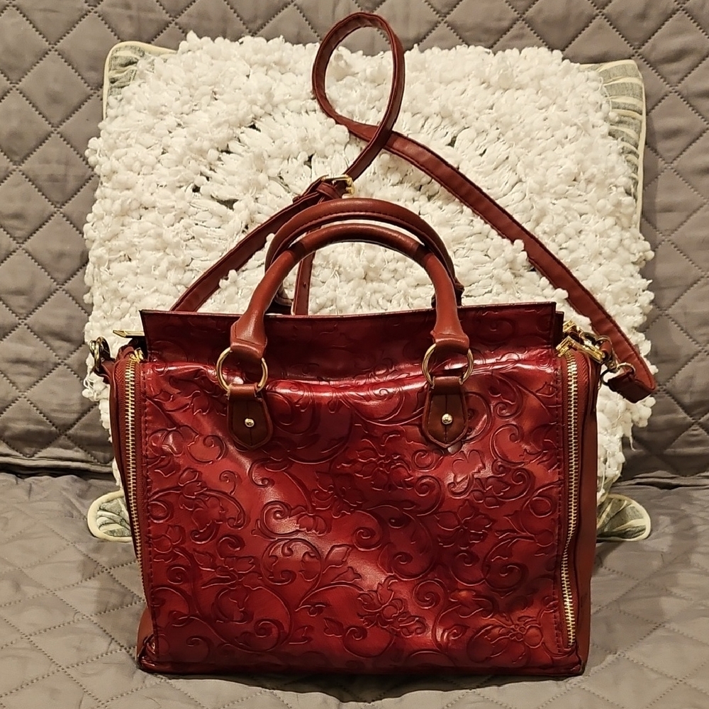 Brenice Red Faux Leather Embossed Satchel with Gold Hardware